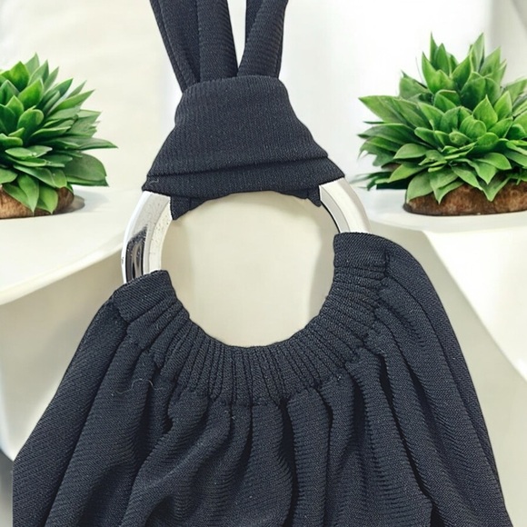 Black with Silver Ring Tie Neck Sleeveless Halter Wide Leg Jumpsuit - Picture 13 of 16